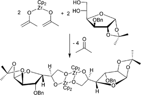 Graphical abstract: Carbohydrate–metallocene conjugates: selective formation of a zirconadioxacyclopentane-type dimer from the reaction of a bis(enolate)ZrCp2 reagent with a glucofuranoside derivative