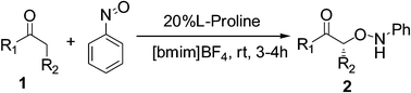 Graphical abstract: l-Proline in an ionic liquid as an efficient and reusable catalyst for direct asymmetric α-aminoxylation of aldehydes and ketones