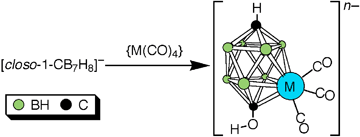 Graphical abstract: Carbonyl–metal fragment insertion into eight-vertex [closo-1-CB7H8]−. Facile synthesis of ten-vertex metalladicarbollide complexes [2,2,2-(CO)3-1-OH-closo-2,1,10-MC2B7H8]n− {M = Fe, Ru (n = 0), Mn, Re (n = 1)}