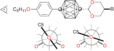 Graphical abstract: Mesogenic, optical, and dielectric properties of 5-substituted 2-[12-(4-pentyloxyphenyl)-p-carboran-1-yl] [1,3]dioxanes