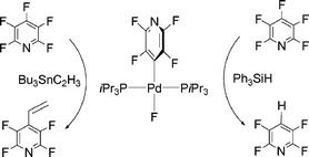Graphical abstract: Reactivity of a palladium fluoro complex towards silanes and Bu3SnCH [[double bond, length as m-dash]] CH2: catalytic derivatisation of pentafluoropyridine based on carbon–fluorine bond activation reactions