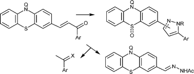 Graphical abstract: (E)-3-(2-Alkyl-10H-phenothiazin-3-yl)-1-arylprop-2-en-1-ones: preparative, IR, NMR and DFT study on their substituent-dependent reactivity in hydrazinolysis and sonication-assisted oxidation with copper(ii)nitrate