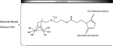 Graphical abstract: Electropolymeric materials incorporating subsite structures related to iron-only hydrogenase: active ester functionalised poly(pyrroles) for covalent binding of {2Fe3S}-carbonyl/cyanide assemblies