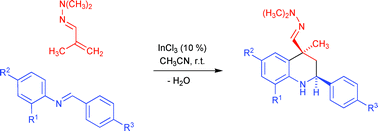 Graphical abstract: The first aza Diels–Alder reaction involving an α,β-unsaturated hydrazone as the dienophile: stereoselective synthesis of C-4 functionalized 1,2,3,4-tetrahydroquinolines containing a quaternary stereocenter