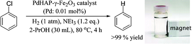Graphical abstract: Magnetically recoverable heterogeneous catalyst: Palladium nanocluster supported on hydroxyapatite-encapsulated γ-Fe2O3 nanocrystallites for highly efficient dehalogenation with molecular hydrogen