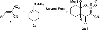 Graphical abstract: Catalyst- and solvent-free conditions as an environmentally benign approach to 4-aryl-3-cyano-hexahydro-4H-1,2-benzoxazine-2-oxides