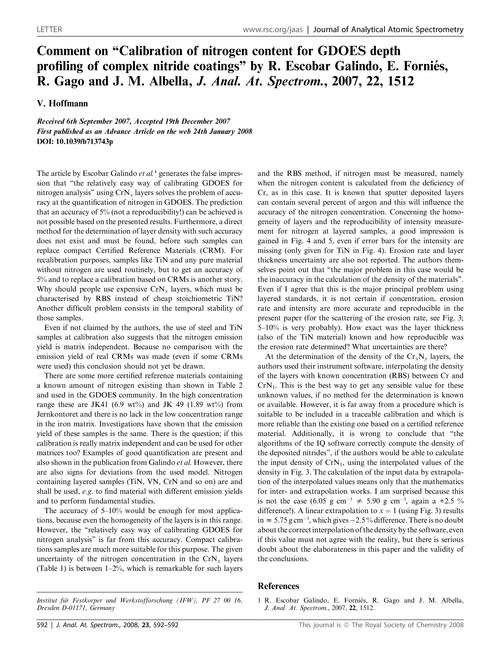 Comment on “Calibration of nitrogen content for GDOES depth profiling of complex nitride coatings” by R. Escobar Galindo, E. Forniés, R. Gago and J. M. Albella, J. Anal. At. Spectrom., 2007, 22, 1512