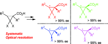 Graphical abstract: Practical, general, and systematic method for optical resolution of gem-dihalo- and monohalocyclopropanecarboxylic acids utilizing chiral 1,1′-binaphtholmonomethyl ethers: Application to the synthesis of three chiral pesticides