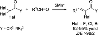 Graphical abstract: Stereoselective synthesis of (Z)-α-halo-α,β-unsaturated esters, and amides from aldehydes and trihaloesters or amides promoted by manganese