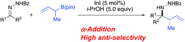 Graphical abstract: Indium(i) iodide-catalyzed regio- and diastereoselective formal α-addition of an α-methylallylboronate to N-acylhydrazones