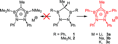 Graphical abstract: Tuning the electronic properties of cyclopentadienyl analogs with CB2N2 frameworks: 1,2-diphenyl-1,2-diaza-3,5-diborolyl ligands and their alkali metal salts