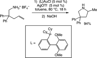 Graphical abstract: Gold(i)-catalyzed intramolecular hydroamination of unactivated C [[double bond, length as m-dash]] C bonds with alkylammonium salts