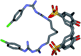 Graphical abstract: Solid state structures of the complexes between the antiseptic chlorhexidine and three anionic derivatives of calix[4]arene