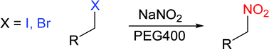 Graphical abstract: Improved chemoselective, ecofriendly conditions for the conversion of primary alkyl halides into nitroalkanes under PEG400