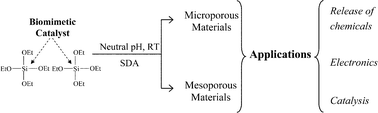 Graphical abstract: Biomimetic synthesis of microporous and mesoporous materials at room temperature and neutral pH, with application in electronics, controlled release of chemicals, and catalysis