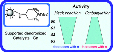 Graphical abstract: Dendritic effects in catalysis by Pd complexes of bidentate phosphines on a dendronized support: Heck vs.carbonylation reactions