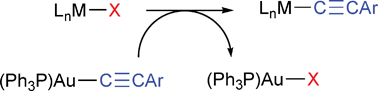 Graphical abstract: Transition metal alkynyl complexes by transmetallation from Au(C [[triple bond, length as m-dash]] CAr)(PPh3) (Ar = C6H5 or C6H4Me-4)