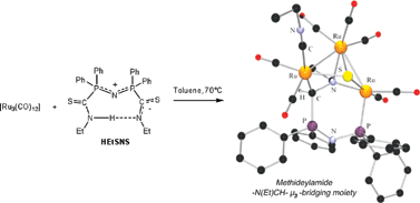 Graphical abstract: Reactivity of the zwitterionic ligand EtNHC(S)Ph2P [[double bond, length as m-dash]] NPPh2C(S)NEt towards [Ru3(CO)12]. Sulfur transfer and ligand fragmentation leading to the methideylamide [-N(Et)-CH(R)-] μ3-bridging moiety