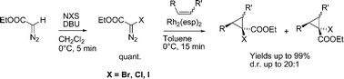 Graphical abstract: Highly efficient formation of halodiazoacetates and their use in stereoselective synthesis of halocyclopropanes