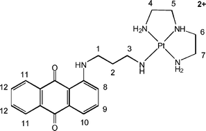 Graphical abstract: Binding of [Pt(1C3)(dien)]2+ to the duplex DNA oligonucleotide 5′-d(TGGCCA)-3′: the effect of an appended positive charge on the orientation and location of anthraquinone intercalation