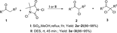 Graphical abstract: Simple and efficient methods for selective preparation of α-mono or α,α-dichloro ketones and β-ketoesters by using DCDMH