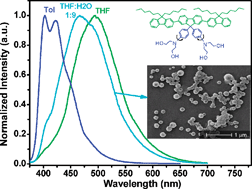 Graphical abstract: An aggregation-induced blue shift of emission and the self-assembly of nanoparticles from a novel amphiphilic oligofluorene