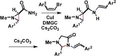 Graphical abstract: Unprecedented carbon–carbon bond cleavage in nucleophilic aziridine ring opening reaction, efficient ring transformation of aziridines to imidazolidin-4-ones