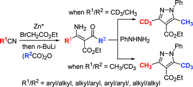 Graphical abstract: An effective and general method for the highly regioselective synthesis of 1-phenylpyrazoles from β-enaminoketoesters, tandem Blaise–acylation adducts