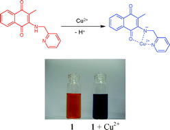 Graphical abstract: Colorimetric sensing of Cu(ii) by 2-methyl-3-[(pyridin-2-ylmethyl)-amino]-1,4-naphthoquinone: Cu(ii) induced deprotonation of NH responsible for color changes