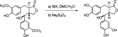 Graphical abstract: A selective de-O-methylation of guaiacyl lignans to corresponding catechol derivatives by 2-iodoxybenzoic acid (IBX). The role of the catechol moiety on the toxicity of lignans