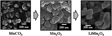 Graphical abstract: Three-dimensional architectures of spinel-type LiMn2O4 prepared from biomimetic porous carbonates and their application to a cathode for lithium-ion batteries