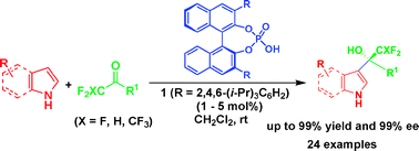 Graphical abstract: A perfect double role of CF3 groups in activating substrates and stabilizing adducts: the chiral Brønsted acid-catalyzed direct arylation of trifluoromethylketones