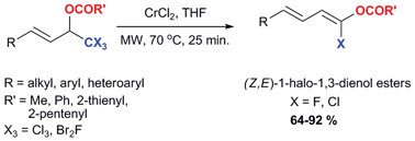 Graphical abstract: Highly stereoselective synthesis of (Z,E)-1-halo-1,3-dienol esters viarearrangement of Fischer chromium chloro-carbenes using microwave irradiation