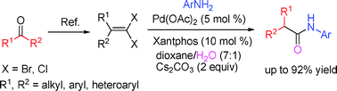 Graphical abstract: Palladium-catalyzed amidation–hydrolysis reaction of gem-dihaloolefins: efficient synthesis of homologated carboxamides from ketones