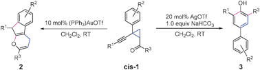 Graphical abstract: Tandem reactions of cis-2-acyl-1-alkynyl-1-aryl cyclopropanes tuned by gold(i) and silver(i) catalysts: efficient synthesis of pyran-fused indene cores and 2,4,6-trisubstituted phenols