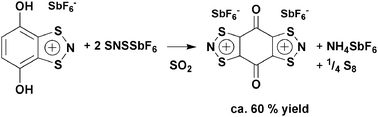 Graphical abstract: The preparation of the MF6− (M = As, Sb) salts of 1,4-benzoquinodal bridged bis-1,3,2-dithiazolylium utilizing the cycloaddition and oxidative dehydrogenation chemistry of SNSMF6 and observation of a hybrid semiquinoidal–thiazyl radical-cation by EPR
