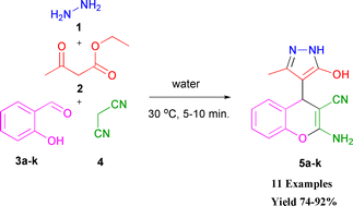 Graphical abstract: Four-component catalyst-free reaction in water: Combinatorial library synthesis of novel 2-amino-4-(5-hydroxy-3-methyl-1H-pyrazol-4-yl)-4H-chromene-3-carbonitrile derivatives