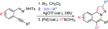 Graphical abstract: Synthesis of functionalized H-pyrazolo[5,1-a]isoquinolines via sequential reactions of N′-(2-alkynylbenzylidene)hydrazides