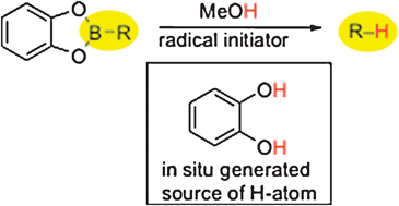 Graphical abstract: Role of catechol in the radical reduction of B-alkylcatecholboranes in presence of methanol