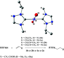 Graphical abstract: A comparison between nickel and palladium precatalysts of 1,2,4-triazole based N-heterocyclic carbenes in hydroamination of activated olefins