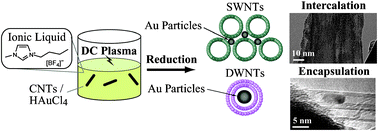 Graphical abstract: Synthesis of monodispersed nanoparticles functionalized carbon nanotubes in plasma-ionic liquid interfacial fields