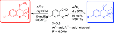 Graphical abstract: Scandium triflate-catalyzed one-pot domino approach towards general and efficient syntheses of unsymmetrical 9-substituted xanthene derivatives