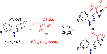 Graphical abstract: Reaction of carbon nucleophiles with alkylideneindazolium and alkylideneindolium ions generated from their 3-(1-arylsulfonylalkyl) indazole and indole precursors