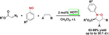 Graphical abstract: Diastereoselective HOTf-catalyzed three-component one-pot 1,3-dipolar cycloaddition of α-diazo ester, nitrosobenzene and electron-deficient alkene