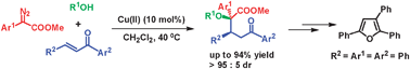 Graphical abstract: Copper(ii)-catalyzed highly diastereoselective three-component reactions of aryl diazoacetates with alcohols and chalcones: an easy access to furan derivatives