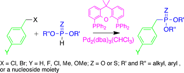 Graphical abstract: Preparation of benzylphosphonates via a palladium(0)-catalyzed cross-coupling of H-phosphonate diesters with benzyl halides. Synthetic and mechanistic studies