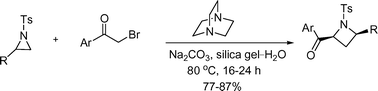 Graphical abstract: The first example of ring expansion of N-tosylaziridines to 2-aroyl-N-tosylazetidines with nitrogen ylides in an aqueous medium