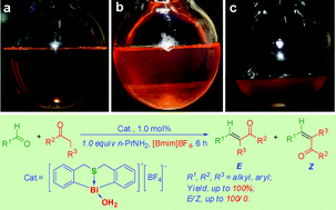 Graphical abstract: Facile separation catalyst system: direct diastereoselective synthesis of (E)-α,β-unsaturated ketones catalyzed by an air-stable Lewis acidic/basic bifunctional organobismuth complex in ionic liquids