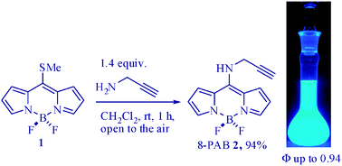 Graphical abstract: 8-PropargylaminoBODIPY: unprecedented blue-emitting pyrromethene dye. Synthesis, photophysics and laser properties