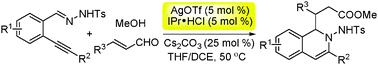 Graphical abstract: Silver triflate and N-heterocyclic carbene co-catalyzed reaction of N′-(2-alkynylbenzylidene)hydrazide, methanol with α,β-unsaturated aldehyde